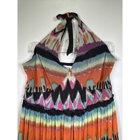 Calvin Klein‎ Midi Dress L Halter Vibrant Tye Dye Festival Chiffon Tiered Y2K - Picture 3 of 10
